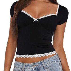 Elegant Black Lace Contrast Trim Top